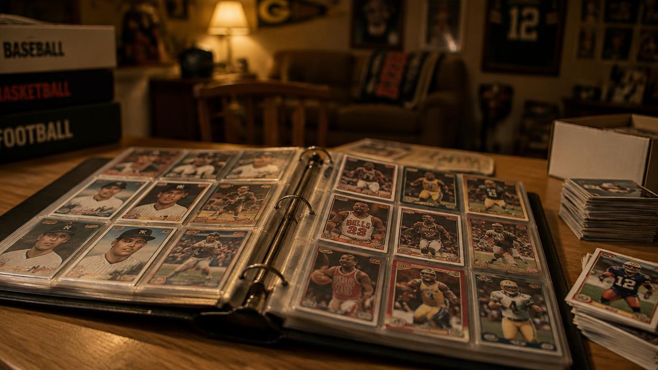 A binder of vintage sports cards on Bill's sorting table